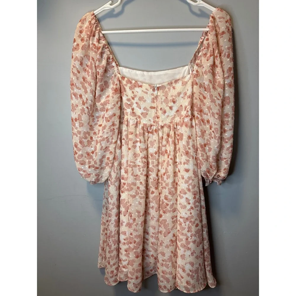 Storia Pink Abstract Print Puff Sleeve Mini Dress‎ Square Neck Clip Dot Small